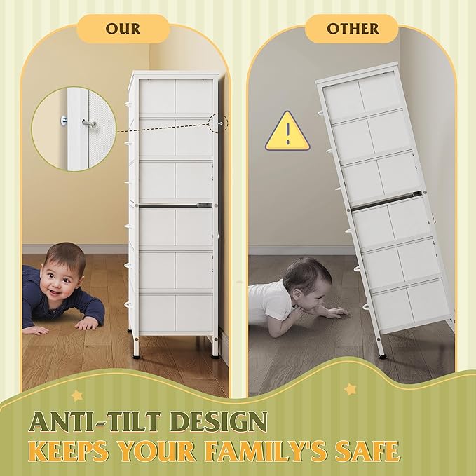 WLIVE White Tall Dresser for Bedroom, 6 Drawer Dressers & Chests of Drawers, Fabric Dresser for Closet, Living Room, Night Stand with Metal Frame, Storage Tower with Fabric Bins, Wood Top