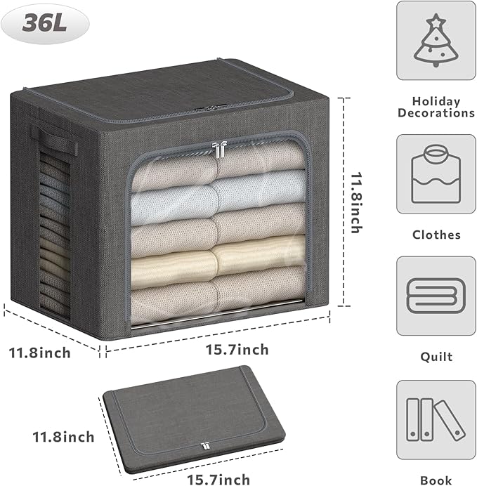 4 Pack Clothes Storage Bins with Metal Frame - 36L Stackable Storage Box with Lid，Foldable Storage Container Organizer for Clothes，Linen Fabric Storage Box with Clear Window＆Zippers＆Handles