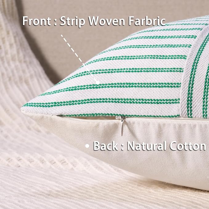 YCOLL Farmhouse Pillow Covers 12x20, Modern Accent Spring Throw Pillow Covers Set of 2, Green Striped Patchwork Linen Decorative Pillows Cushion Covers for Couch Bedroom Summer Home Decor