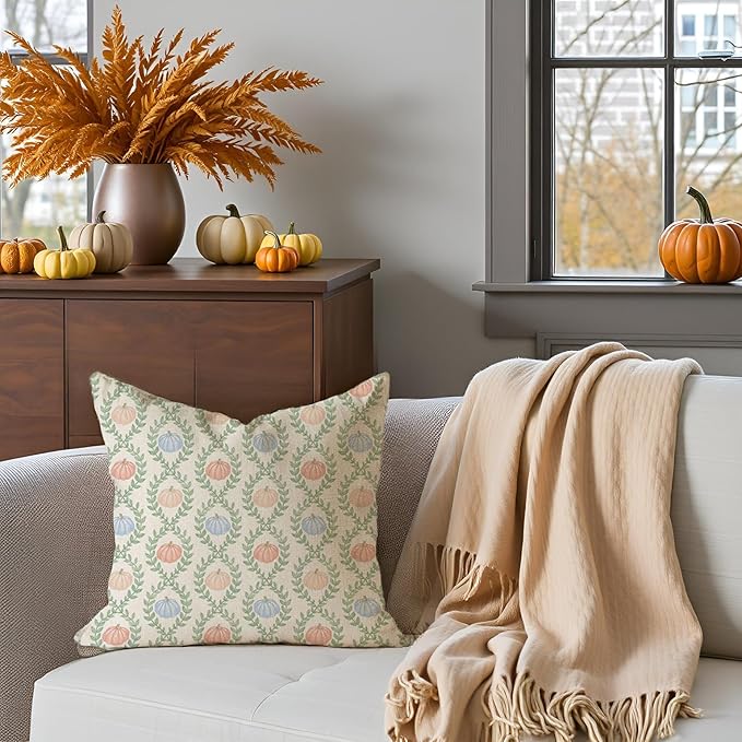 Fall Decorative Throw Pillow Covers 18x18 Inch Set of 2 Blue Orange Pumpkin Green Scalloped Pastel Outdoor Cottage Autumn Decor Pillows Cases Grandmillennial Decorations for Home Room Couch