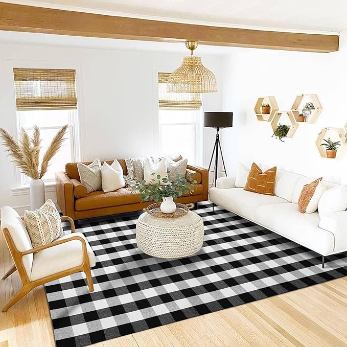 KOZYFLY Buffalo Plaid Area Rug 8 x 10 Ft Black and White Checkered Rug Washable Outdoor Patio Rugs Cotton Rugs for Living Room Carpet for Dining Room Bedroom Farmhouse Rug