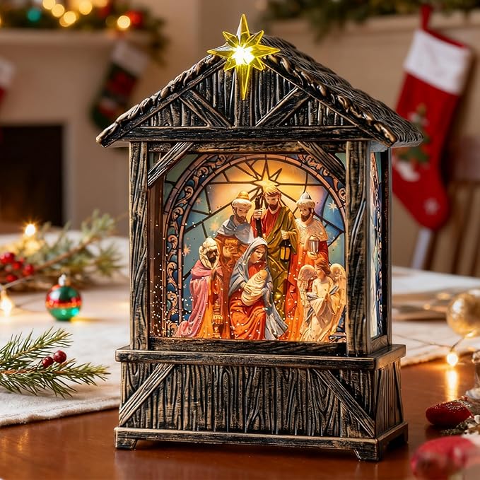 Christmas Snow Globe Lantern Water Glittering Nativity Manger with Star, USB Lined/Battery Operated Lighted Lantern for Christmas Festival Decoration Gifts