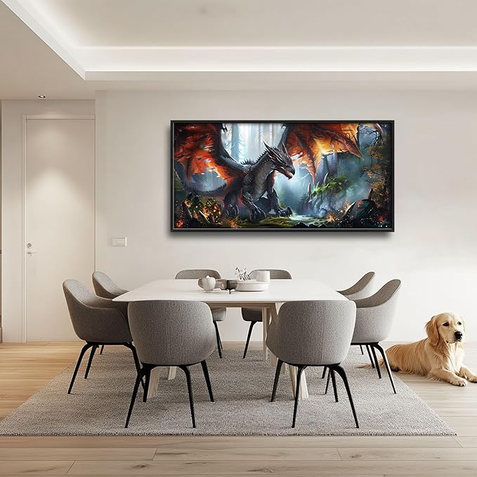 Dragon Large Framed Wall Art Oversized Western Fire Dragon Pictures Wall Decor Cool Animal Canvas Print Painting Aesthetic Modern Artwork for Living Room Bedroom Office Bathroom Home Decor 60L x30W