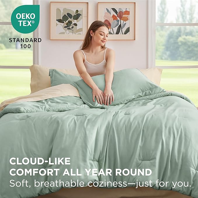 Bedsure Twin Comforter Set - 5 Pieces Sage Green Twin Bedding Set for All Seasons, Boho Contrasting Design Bed in a Bag with Comforter, Sheets, Pillowcase & Sham