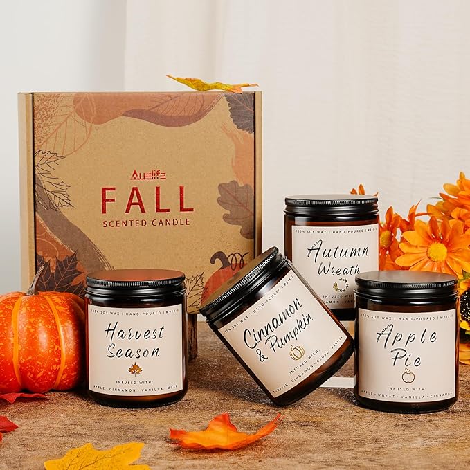 Auelife Fall Candle, Autumn Wreath Scented Soy Candles for Home, Aromatherapy Candle Gift Set for Women & Men, Cozy Fall Décor, 7oz – Perfect for Autumn Relaxation and Home Ambiance