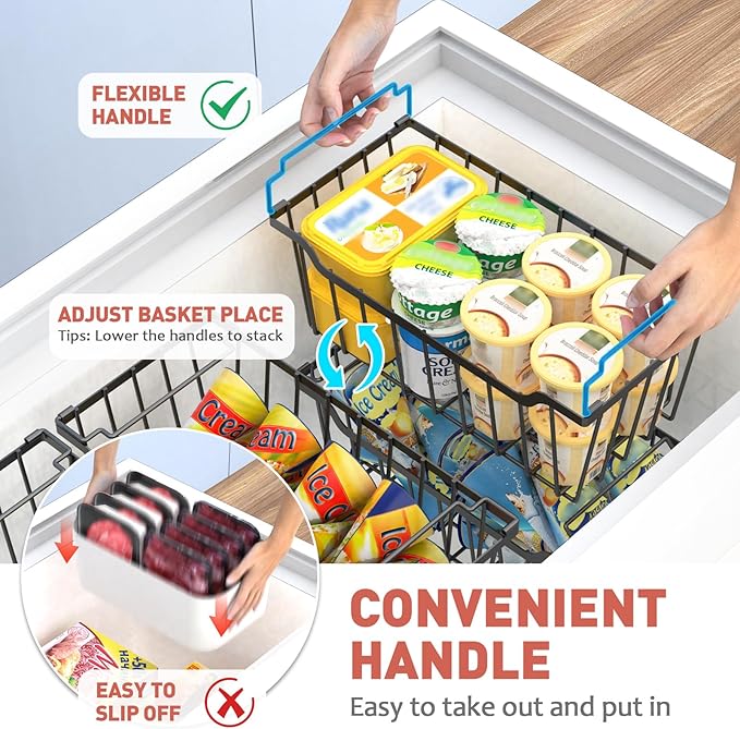 Goovilla Freezer Organizer Bins with Foldable Handle, 8 Pack Stackable Freezer Baskets for 3.5-7 Cu.FT Deep Chest Freezer Organization, Coated Metal Freezer Storage Bins with Better Space Utilization