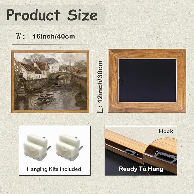 KBKBART Vintage Wall Art, Retro European Village Country Framed Canvas Art Prints Painting Farmhouse Decor, Rustic Impressionism Scenic Landscape Wall Decor for Bathroom, Bedroom Living Room, Vintage Wall Decor(12"x16")