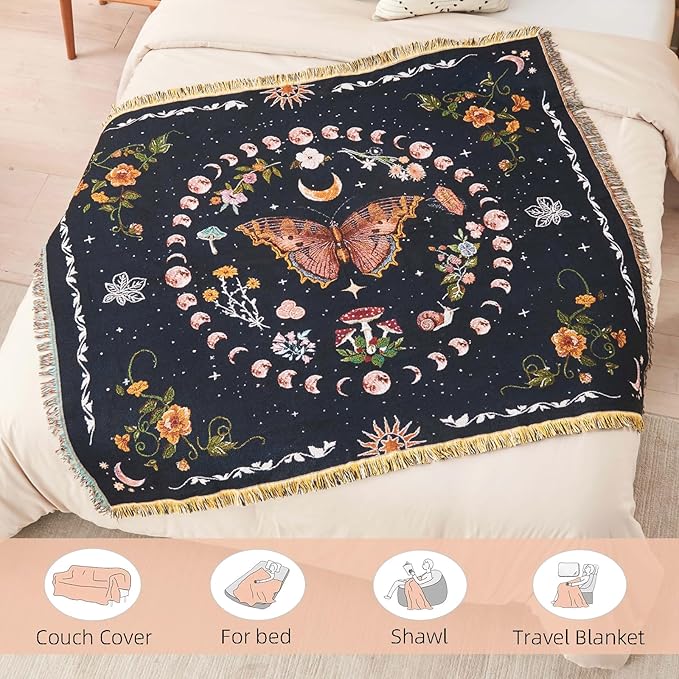 Boho Throw Blanket Reversible Cotton Bohemian Tapestry Hippie Room Decor Outdoor Blanket Double Sided (Black Butterfly 50"x60")