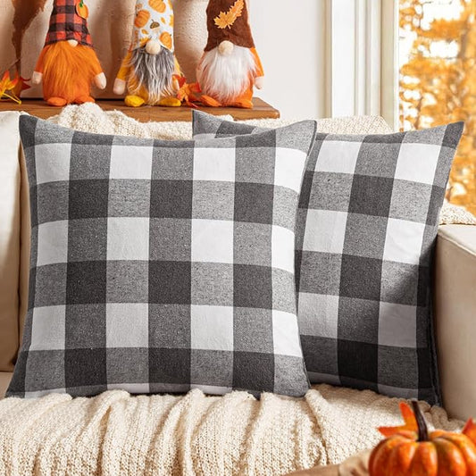MIULEE Pack of 2 Classic Farmhouse Buffalo Check Plaids Polyester Linen Soft Solid Grey and White Decorative Throw Pillow Covers Home Decor Outdoor Cushion Case for Sofa Bedroom 24 x 24 Inch
