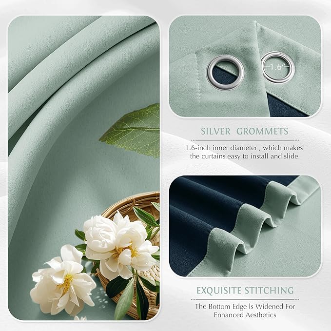 Beauoop 100% Blackout Curtains 96 Inch Long 2 Panels for Bedroom Living Room Seafoam Green Solid Room Darkening Thermal Insulated Soundproof Energy Saving Grommet Top Window Treatment Drapes,52x96