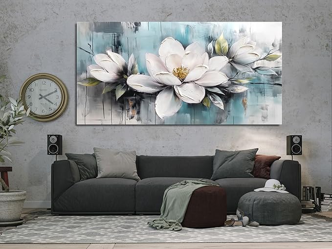 Ardemy Flower Wall Art for Living Room White Floral Canvas Bedroom Painting Magnolia Wildflower Picture Teal Grey Artwork Framed Home Office Dining Room Wall Decor, Extra Large 58"x29"