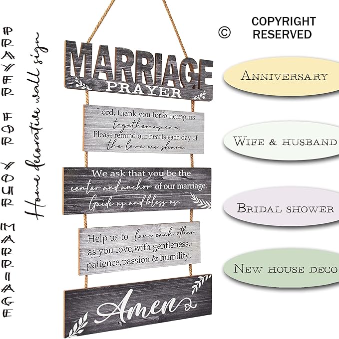 Buecasa Marriage Rustic Sign with 5pcs Panels Strung Together - Bridal Shower Gift for Couples Wife Husband - Christian Religious Inspiring Home Decor Newlywed