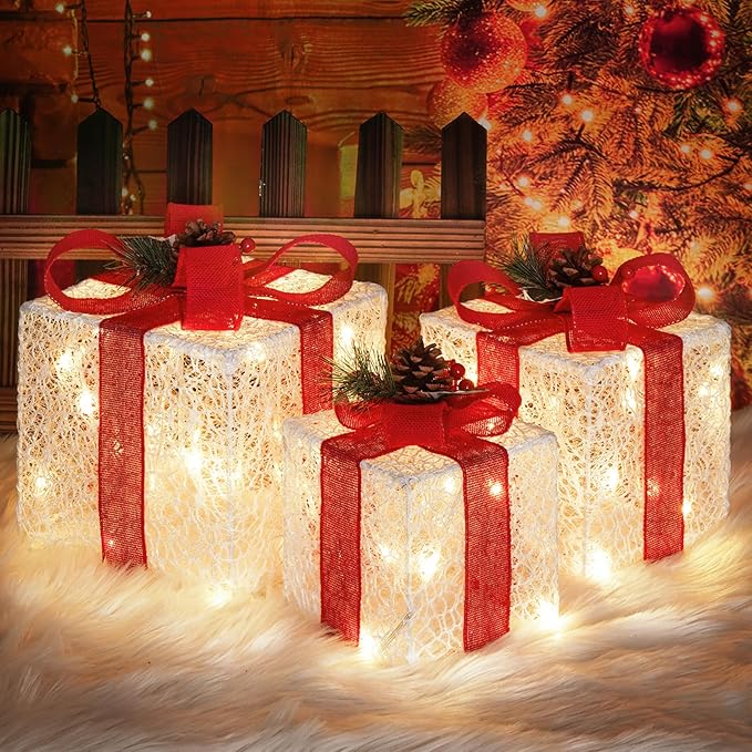 Christmas Lighted Gift Boxes with Lace Cloth, Pre-lit Lights Gift Boxes Set of 3, Light up Present Boxes Set Battery Operated with Different Sizes for Holiday Indoor Outdoor Decorations