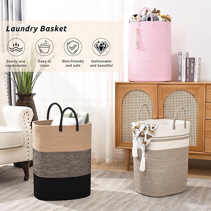 Woven Laundry Basket for Clothes, 50 L Large Rectangle Laundry Hampers with Beads Tassel, Nursery Storage Basket for Toys, Tall Dirty Clothes Hamper for Bedroom Aesthetic, Laundry Room Organization