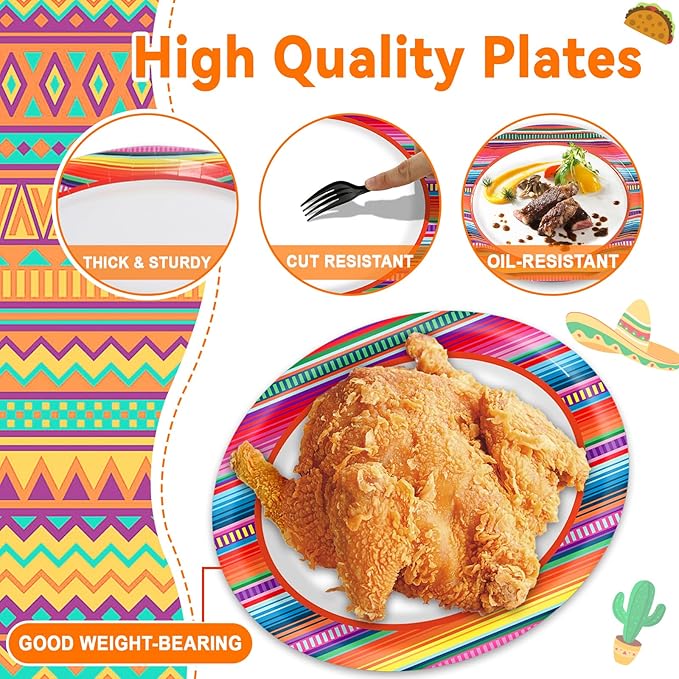 Mexican Fiesta Party Oval Paper Plates 11inch Plates and Napkins, Mexico Stripes Dish Tray for Dance Pinata Taco Party Colorful Ponchos Supplies Picnic Tableware Decor, 25 Guest