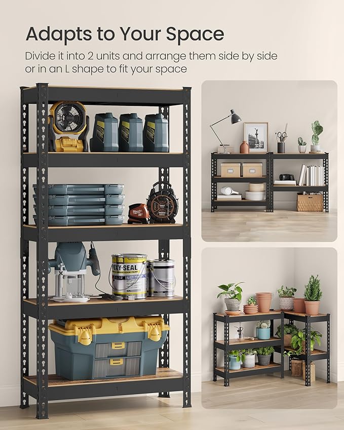 SONGMICS 5-Tier Storage Shelves, Load 2310 lb, Garage Storage, Boltless Assembly, Adjustable Shelving Unit, 11.8 x 29.5 x 59.1 Inches, for Study Shed Basement, Black and Rustic Brown UGLR300B11