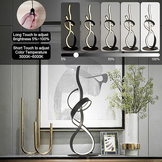 22inch 24W 2700LM Modern Design 3CCT 2700K/4000K/6500K Stepless Touch Dimmable with Remote Control Art LED Table Lamps for Bedroom Bedside Living Room Villa Gift Idea (Black)