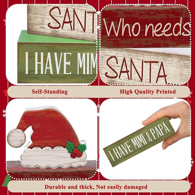 4 Pcs Christmas Table Decorations Wooden Red Santa Hat Christmas Tiered Tray Decor Rustic Wood Santa Hat Block Sign Xmas Centerpiece Mimi and Papa's Gift Decor for Home Shelf Kitchen