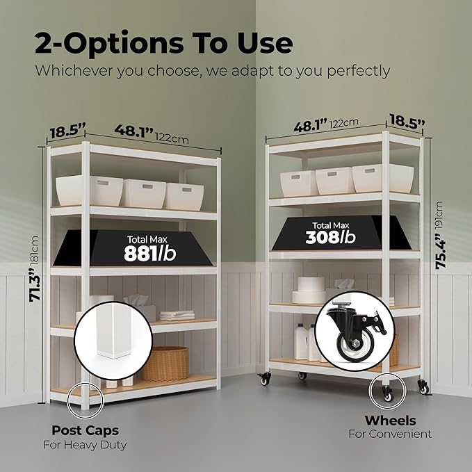 HOMEDANT House White 5-Tier Metal Boltless Rolling Cart Shelf Rack Casters Heavy Duty Wheel Shelving Unit Adjustable Storage Shelves Organizer Shelf Kitchen Garage 48.1" W x 18.5" D x 75.4" H 4Pack