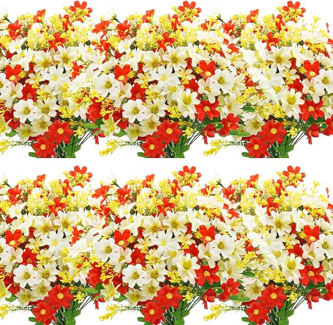 Uieke 12 Bundles Artificial Fake Flowers Outdoors UV Resistant Faux Daisy Mums Silk Flowers Bulk No Fade Shrubs Plants for Indoor Outside Home Wedding DIY Garden Porch Summer Décor (Red White)