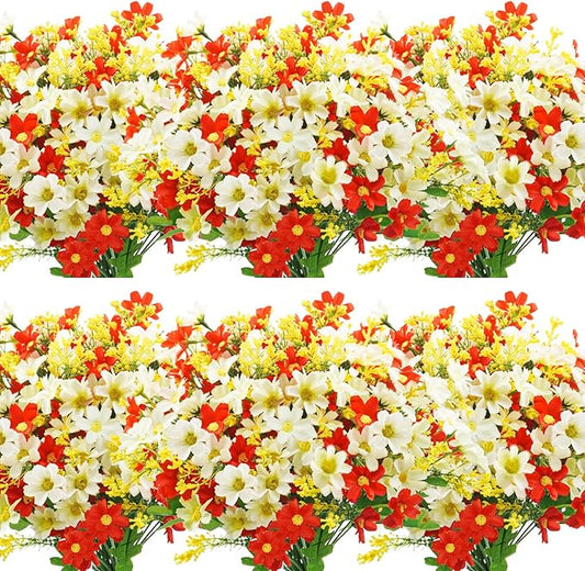 Uieke 12 Bundles Artificial Fake Flowers Outdoors UV Resistant Faux Daisy Mums Silk Flowers Bulk No Fade Shrubs Plants for Indoor Outside Home Wedding DIY Garden Porch Summer Décor (Red White)