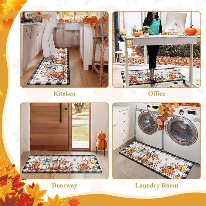 SHACOS Fall Anti Fatigue Kitchen Mats 2 Pcs Pumpkins Gnome Maple Leaves Black and White Checkered Rug Autumn Non Slip Cushioned Floor Mat for Kitchen Decor, 17x27.5+17x47, Pumpkins Black Plaid