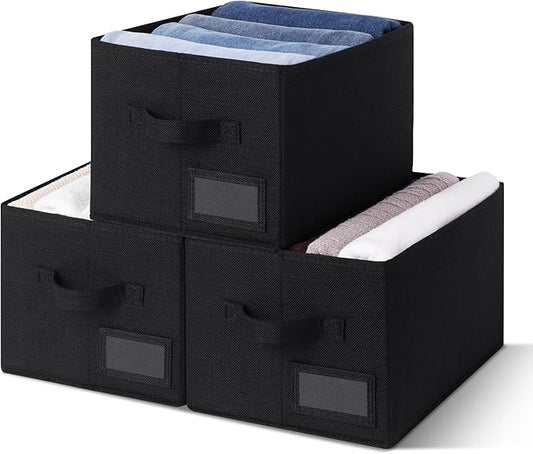GRANNY SAYS Storage Bins, Storage Baskets for Shelves, Fabric Storage Bins for Clothes, Closet Organization Bin, Collapsible Storage Bin with Handles, Decorative Storage Box, Black, Large, 3-Pack
