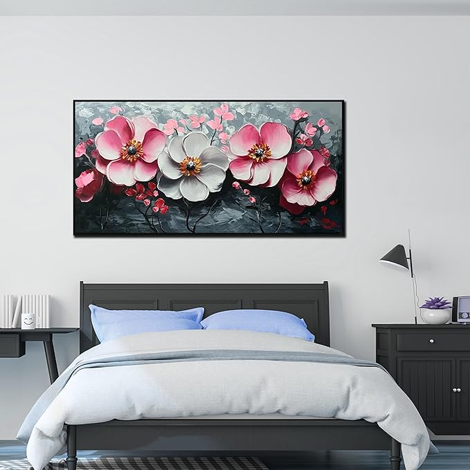 Pink and White Flower Wall Paintings for Bedroom - Bedroom Wall Decor for Teen Girls - Large Modern Hand Painted Framed Wall Art Size 29" x 59"