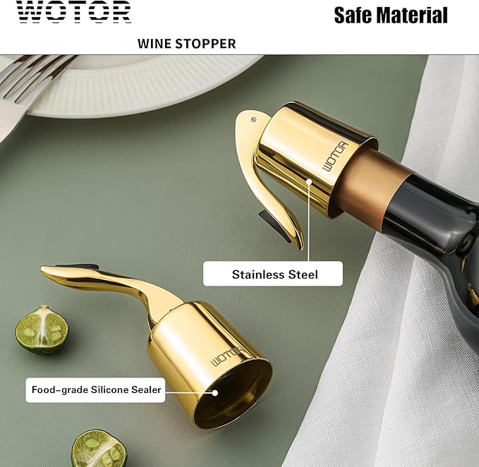 Stainless Steel Wine Bottle Stoppers with Silicone - Reusable Wine Saver and Decorative Bottle Sealer, Leakproof, Keep Fresh, Gold, 2 Pack