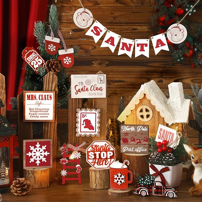 17 Pcs Christmas Tiered Tray Decor Set Winter Tiered Tray Decorations Farmhouse Tabletop Centerpiece Christmas Wooden 3D Sign for Xmas Home Buffalo Plaid Rustic Table Decoration(Classic)