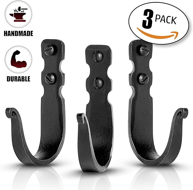 Decorative Hooks for Wall - Metal Wall Hooks for Hanging Coats, Hats & Bags, Rustic Towel Hooks for Bathrooms or Kitchen - Wrought Iron Farmhouse Hangers - Pack of 3, Black - 3.3x2x0.8 Inches