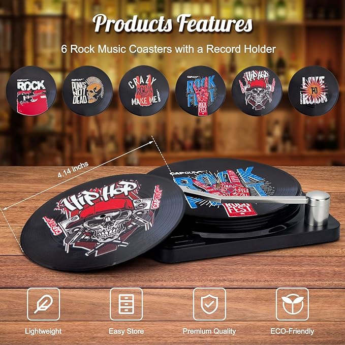 Valdivia Funny Retro Vinyl Record Coasters with Player, 6PCS Rock Coasters for Drinks, Cool Home Decor for Housewarming Gifts, Music Lovers Gifts, Birthday Gifts for Men and White Elephant Gifts Ideas