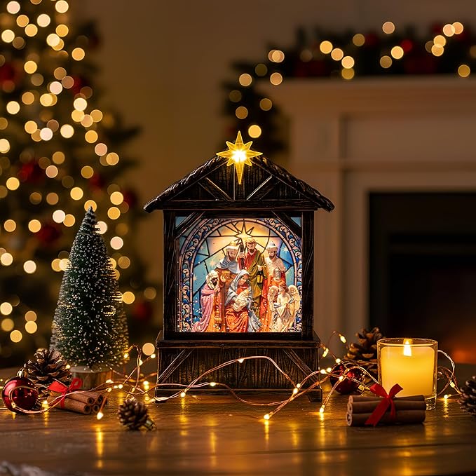 Christmas Snow Globe Lantern Water Glittering Nativity Manger with Star, USB Lined/Battery Operated Lighted Lantern for Christmas Festival Decoration Gifts