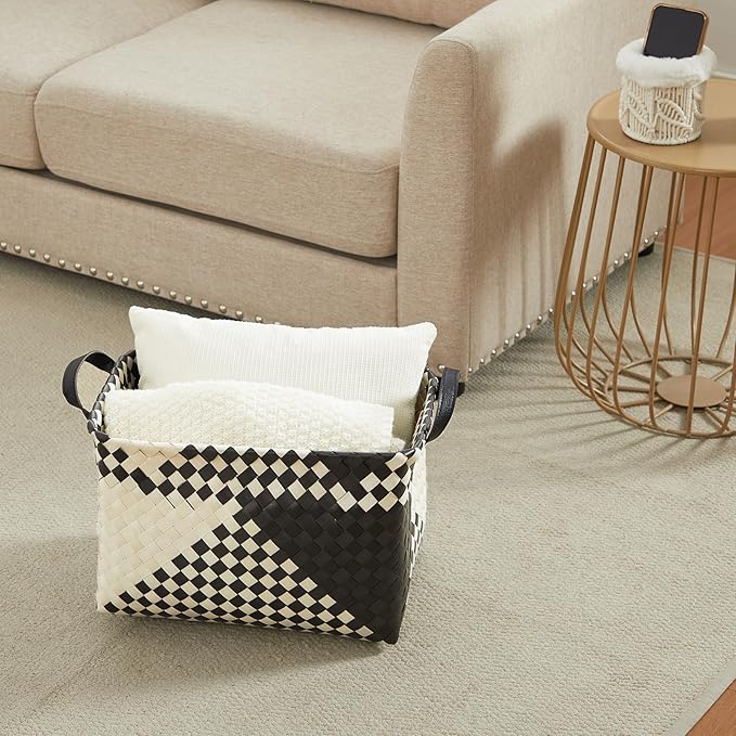 BROWNLILY Handwoven Clothes Basket Laundry Hampers Large Wicker Storage Baskets for Shelves Blankets Closet Storage Bins Car Bedroom Bathroom Organizers and Storage Bath (Pack of 4, Beige & Black)