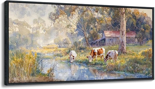 JEAWA Large Framed Canvas Painting - Watercolor Landscape Wall Decor, Country Picture with Wooden House and Green Trees, Cow Art Prints for Bedroom Living Room Home Decoration, 29x58 IN