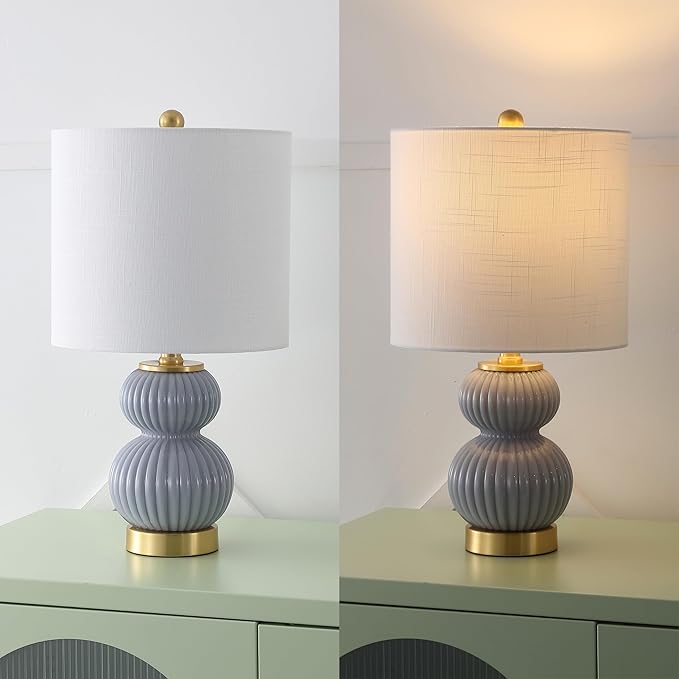 JONATHAN Y JYL1099C Daphne 20" Contemporary Transitional Metal/Glass Ribbed Gourd LED Table Lamp Bedroom, Living Room, Office, Dining Room, Gray/Brass Gold