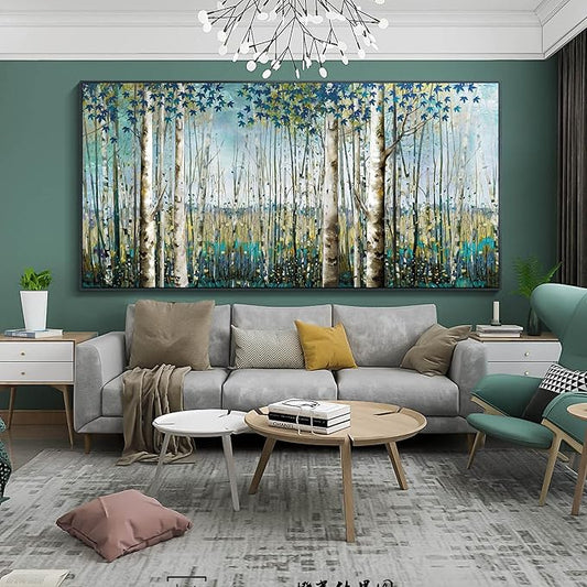Pogusmavi Wall Art - Large Birch Tree Canvas Painting for Home Decor | Framed Artwork for Living Room, Bedroom, and Office | Teal Wall Art Decoration 24x48 Inch
