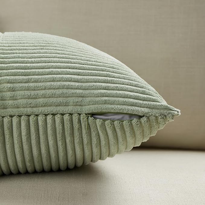 Fancy Homi 4 Packs Sage Green Lumbar Decorative Throw Pillow Covers 12x20 Inch for Living Room Couch Bed, Rustic Farmhouse Boho Home Decor, Soft Striped Corduroy Rectangle Accent Cushion Case 30x50 cm