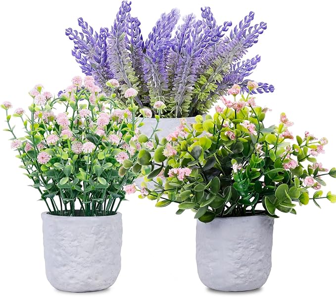 FGSAEOR Mini Potted Fake Plants, Small Artificial Greenery Realistic Plants Topiaries, Low Maintenance, for Home Office Shelf Desk Farmhouse Room Coffee Table Decor (3-Pack) (Purple Pink (Round Pot))