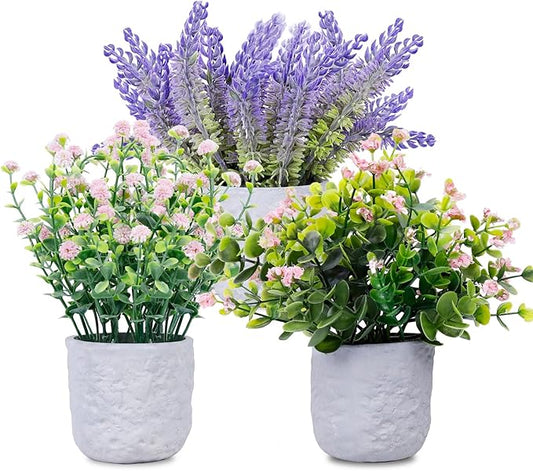 FGSAEOR Mini Potted Fake Plants, Small Artificial Greenery Realistic Plants Topiaries, Low Maintenance, for Home Office Shelf Desk Farmhouse Room Coffee Table Decor (3-Pack) (Purple Pink (Round Pot))