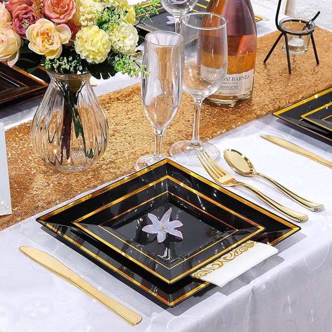 WDF 125Pieces Black Square Plastic Plates with Gold Rim Gold Disposable Silverware - include 25Pcs Dinner Plates,25Pcs Dessert Plates,25 Forks, 25 Knives, 25 Spoons for Halloween
