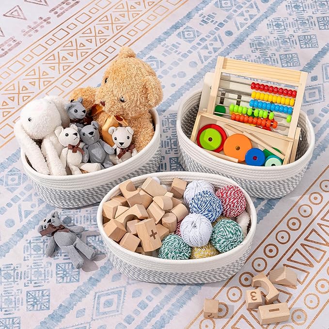 CubesLand Small Baskets, Storage Baskets for Organizing Shelves, Rectangular Woven Storage Basket Natural Cotton Rope Bins Closet Baby Nursery Empty Gifts Basket Off White/Mixed Gray