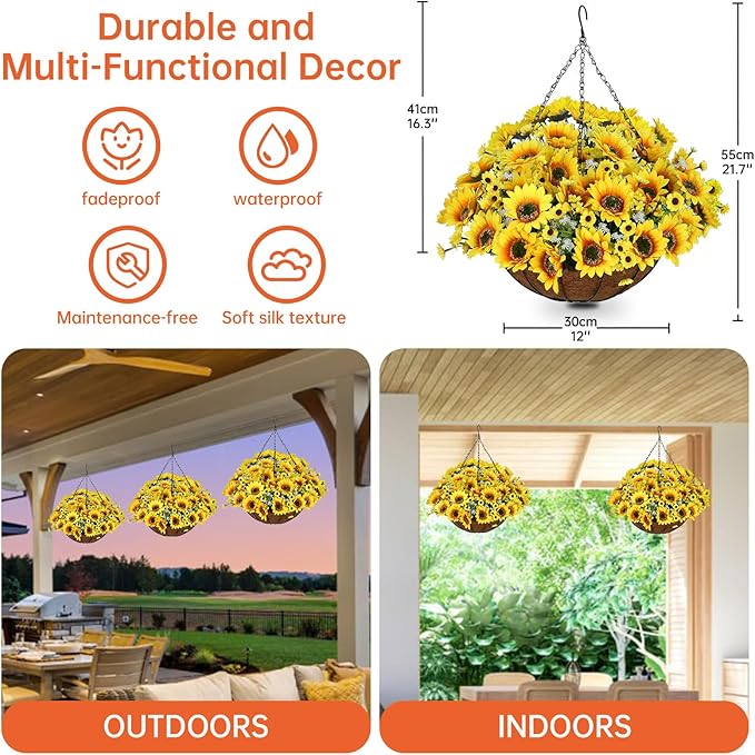 Artificial Hanging Flowers Basket, Fake Plants, Faux Silk Sunflower, for Spring Summer Outdoor Decoration, UV Resistant, Coconut Planter, Look Real for Patio Garden Yard Decor