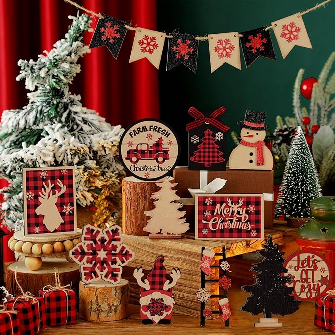 17 Pcs Christmas Tiered Tray Decor Set Winter Tiered Tray Decorations Farmhouse Tabletop Centerpiece Christmas Wooden 3D Sign for Xmas Home Buffalo Plaid Rustic Table Decoration(Retro)