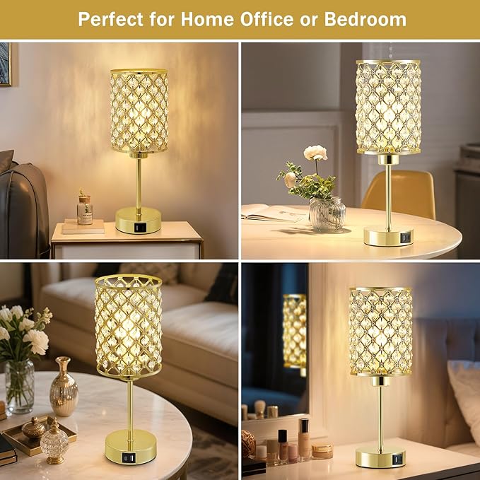 Crystal Table Lamps Set of 2, Gold Touch Lamp for Nightstand with USB C+A Ports, 3 Way Dimmable Small Bedside Lamp with Crystal Shade, End Table Desk Lamps for Bedroom, Living Room(Buld Included)