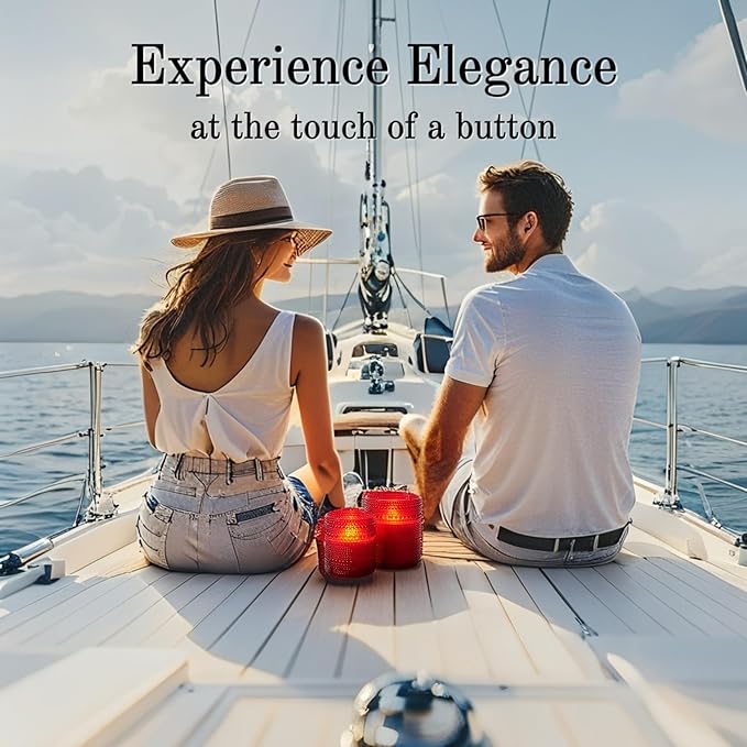 VENTA Romantic Red Glass LED Candles, Set of 2 with Remote | Dimmable Hobnail Votive Holders with Flickering Battery Candles | Ideal for Valentines Day & Anniversary Dinners