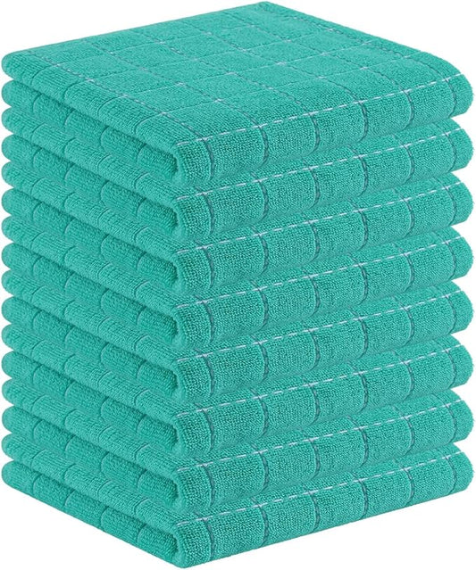 Homaxy 100% Cotton Terry Kitchen Towels(Turquoise, 13 x 28 inches), Checkered Designed, Soft and Super Absorbent Dish Towels, 8 Pack