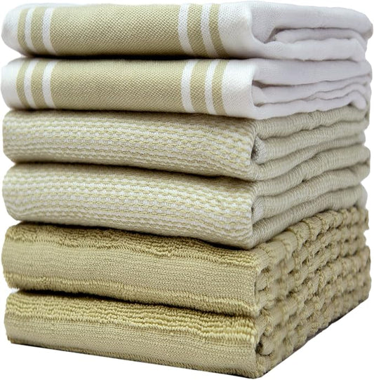 Premium Kitchen Towels (20”x 28”, 6 Pack) | Large Kitchen Hand Towels | Kitchen Towels Cotton | Flat & Terry Towel | Highly Absorbent Tea Towels Set with Hanging Loop | Wide Stripe Sage Green