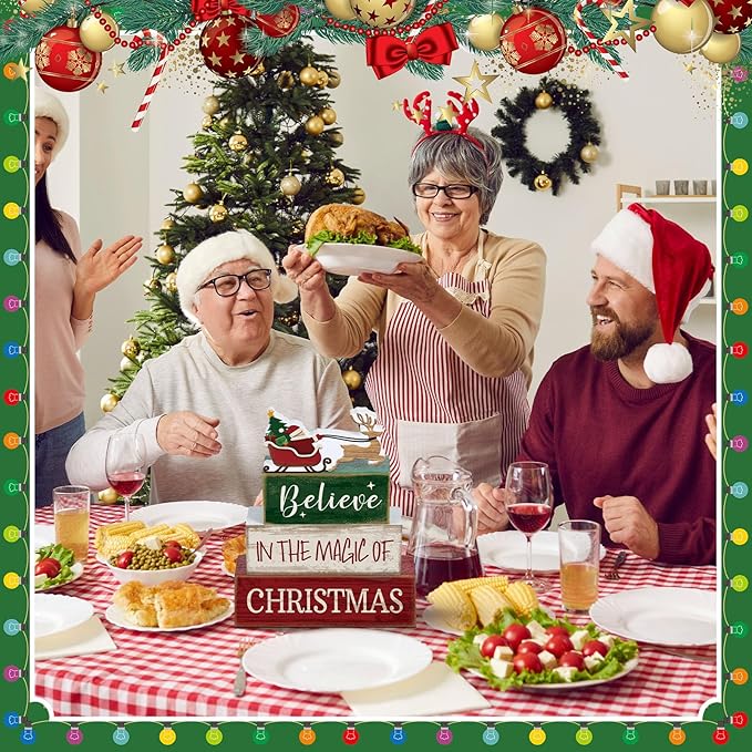 4 Pcs Christmas Table Decoration Wooden Santa Claus Decor Christmas Tiered Tray Decor Decorative Santa Claus Elk Block Sign Gift Farmhouse Xmas Table Centerpiece for Home Kitchen Shelf