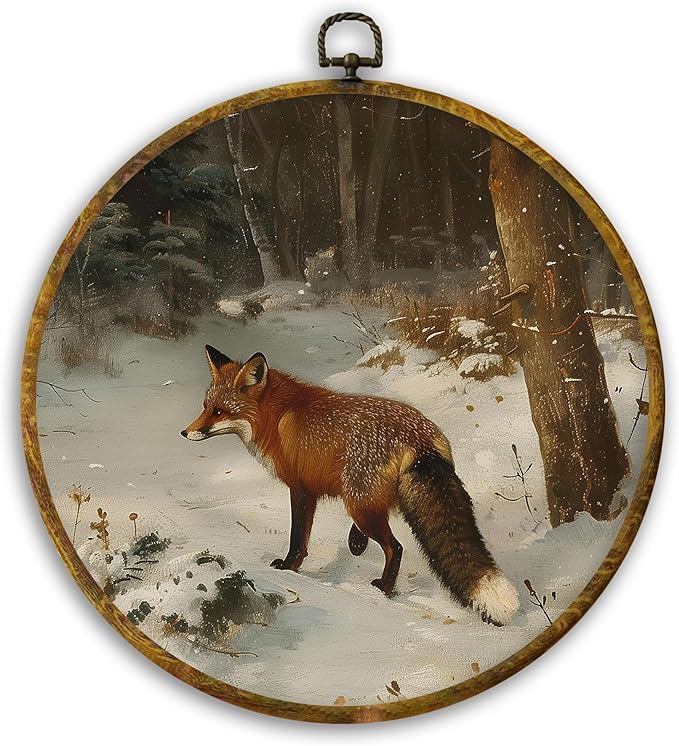 CUANFDDSF Vintage Winter Fox Round Wall Art Decor, Rustic Nature Snowy Forest Fox Wall Hanging Frame Decor, Cozy Winter Farmhouse Wild Animal Canvas Prints Decorations for Home Bedroom, 10x10 Inch